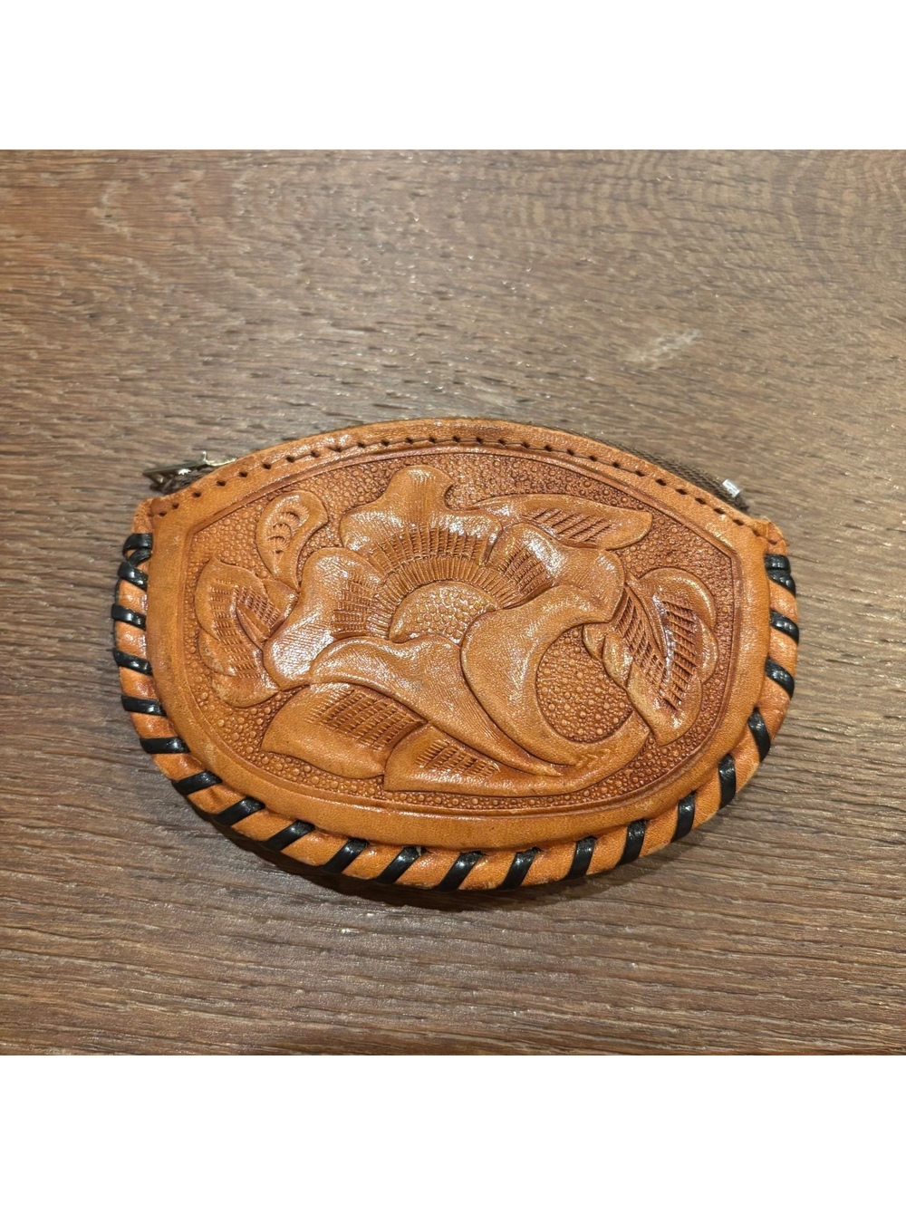 Vintage 70s Leather Hand-Tooled Coin Purse, Floral, Horse, Mexico, Western